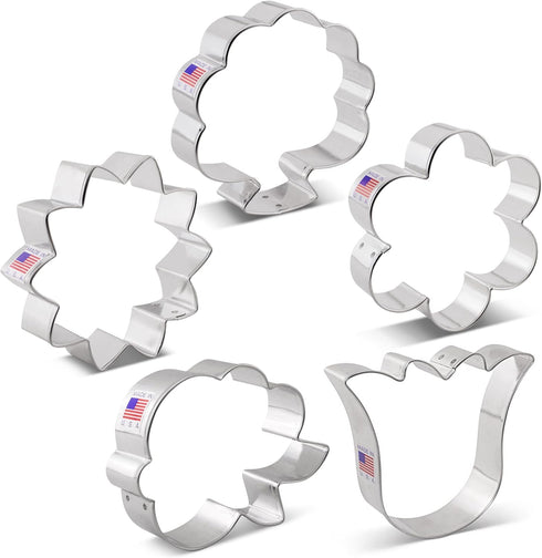 Summer Flowers Cookie Cutters 5-Pc. Set Made in the USA by Ann Clark, Flower, Rose, Sunflower, Tulip, Flower Bouquet...