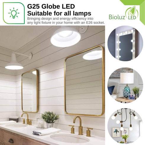 6 Pack Bioluz Dimmable Globe LED G25 40 Watt Replacement (Uses 6 Watts) Warm White (2700K) LED Light Bulb, 450 Lumens UL Listed (Pack of 6)...