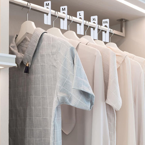 40 Pack Rectangular White Plastic Clothing Size Closet Rack Dividers Hangers, Preprinted in 8 Sizes XXS, XS, S, M, L, XL, XXL, XXXL (2.5”x 5”, Inn...