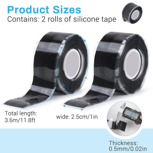 Black Self Fusing Silicone Tape, 2 PCS 1" X 11.8 Ft Silicone Rubber Rescue Tape for Pipe Hose Repair Plumbers Stop Leaking Waterproof Silicone Gri...