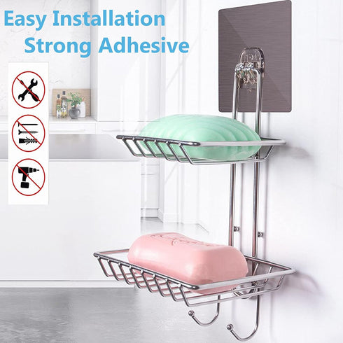 2 Tier Soap Dish with Hooks,Stainless Steel Bar Soap Holder for Shower Wall,Wall Mounted Soap Sponge Holder for Shower Caddy Bathroom Kitchen,Powe...