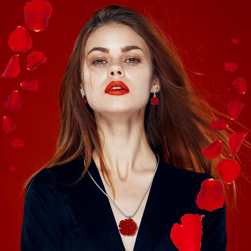 Fiada 1 Set Resin Rose Jewelry Red Necklaces with Diamond Flower Vintage Jewelry Dangle Necklace and Earring Sets for Women Rose Earrings Pendent ...