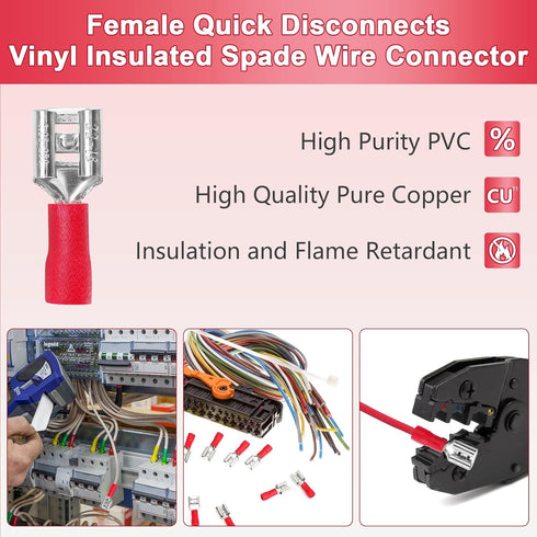 200 Pcs Red Female Quick disconnects Vinyl Insulated Spade Wire Connectors, Electrical Crimp Terminal 22-16 AWG (6.3mm)...