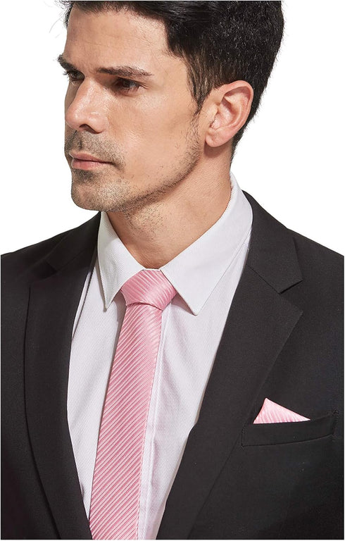 Pink Tie Men Women Skinny Tie Slim Tie Stripe Tie with Hanky Waterproof Oilproof Tie-Pink...