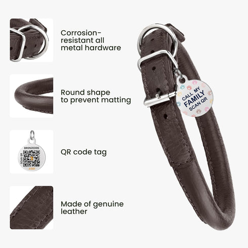 Rolled Leather Dog Collar Soft Round Collars, ID Tag for Small Medium Large Dogs (7-10 inch, Brown)...