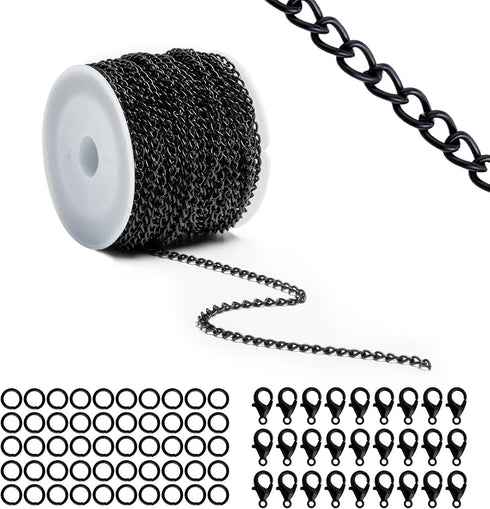 Lemonkey 33 Feet Metal Black Necklace Chains Curb Links Chains Bulk for Jewelry Making DIY Craft Kit with Lobster Clasps Jump Rings...