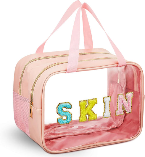 Chenille Letter Bag Nylon Makeup Bag Portable Bag Makeup Cases Preppy Patch Makeup Bag with Zipper Cosmetic Toiletry Storage Bag for Women Girls (...