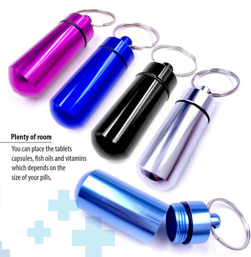 5 Pack - Aluminum Keychain Medication Pill Box. Waterproof Portable Mini Travel Pill Boxes Medicine Vitamin Holder case. Bottle Container, Organiz...