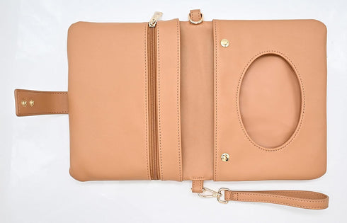 Diaper Clutch Bag/Tan Vegan Leather/ 9in x 7in x 1in/ Minimalist Travel Diaper Bag/Mini Diaper Bag/Wipe Dispenser Pouch/Secure Inner Zipper Pouch...