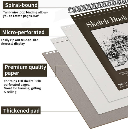 9 x 12 inches Sketch Book, Top Spiral Bound Sketch Pad, 1 Pack 100-Sheets (68lb/100gsm), Acid Free Art Sketchbook Artistic Drawing Painting Writin...