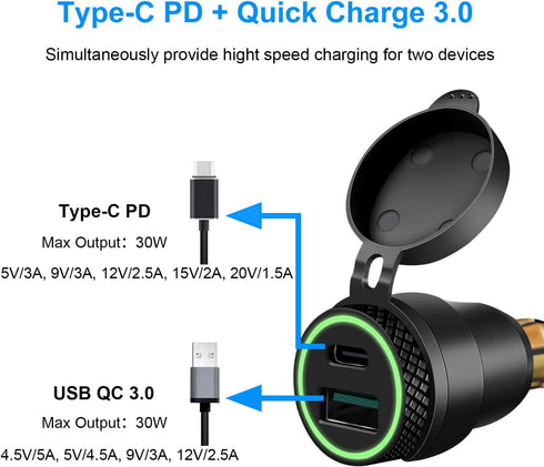 Cllena DIN Hella Plug to Quick Charge 3.0 USB Charger & Type C Power Delivery Adapter for BMW Motorcycle (Green)...