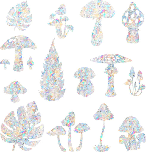 STICKERGURU 16 Pieces Mushroom and Leaf Window Clings - Anti-Collision Window Decals to Save Birds from Window Collisions,Non Adhesive Prismatic V...
