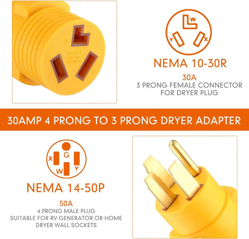 4 Prong to 3 Prong Dryer Adapter Compatible with NEMA 14-50P to 10-30R, 50Amp RV 14-50P Male to Dryer 10-30R Female Adapter Generator Dryer Welder...