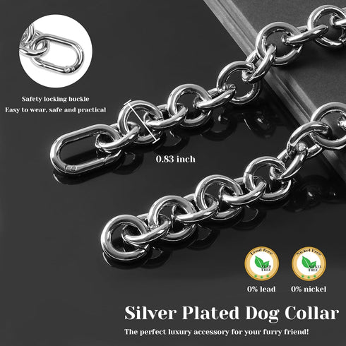 Silver Plated Circle Link Dog Collar - Heavy Duty Chew Proof Chain Collar for Small, Medium & Large Dogs - 21MM Width Light Metal Chain (10") - Do...