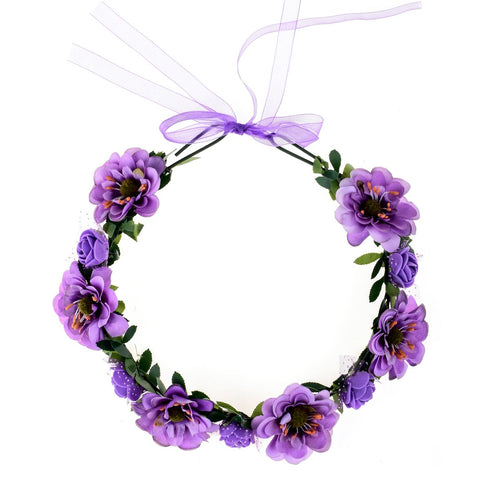 June Bloomy Rose Flower Leave Crown Bridal Halo Headband with Adjustable Ribbon (Purple)...