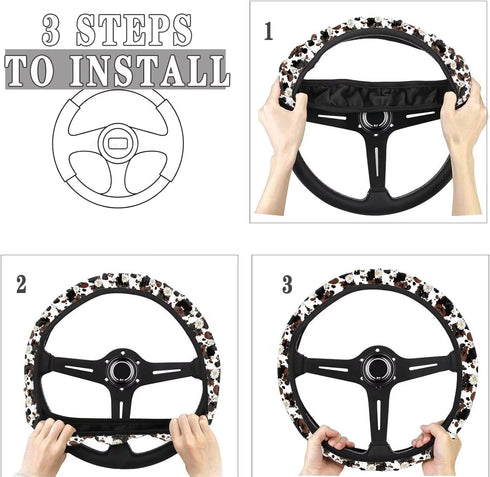 Car Steering Wheel Cover Brown Cow Floral Anti Slip Steering Wheel Protector for Car 14.5-15 inch, Non Slip Breathable Odorless Car Accessories, B...