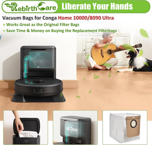 Rebirthcare 12 Pack L50 Dust Bag for eufy L60/L50 Series Self-Empty Station Replacement Bag for Conga Home 10000/8090 Ultra / 9090 AI Accessories ...