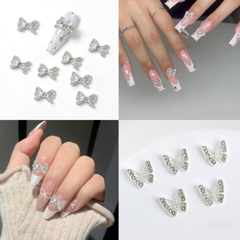 20Pcs Silver Butterfly Bow Nail Charms LRKNNO Shiny 3D Butterfly Nail Gems Charms for Nails Alloy Bows Nail Rhinestones Crystals Butterfly Nail Ar...