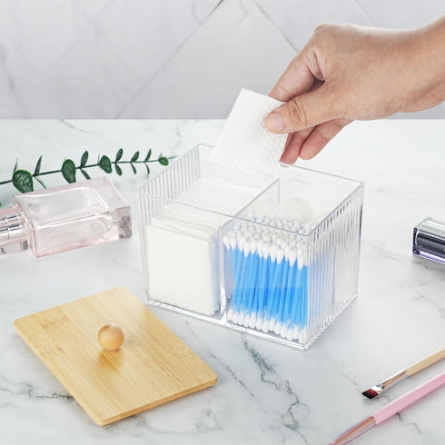 Wood Lid Qtip Holder Storage, Bathroom Cotton Ball Holder Canisters for Cotton Swab, Cotton Pad, Dental Floss Organizer, Hair Bands Container for ...