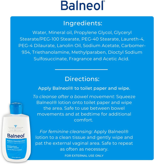 Balneol Hygienic Cleansing Lotion for Women and Men, Soothing Relief to Help With Pain Relief, Itch Relief, and Discomfort for Sensitive Areas, Ma...