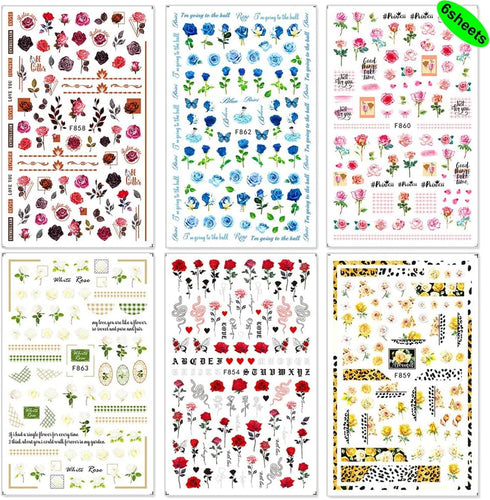 Flower Nail Art Stickers Decals 6Sheets Spring Rose 3D Self-Adhesive Nail Stickers Flowers Rose Butterfly Design Nail Decals for Nail Art Women Gi...