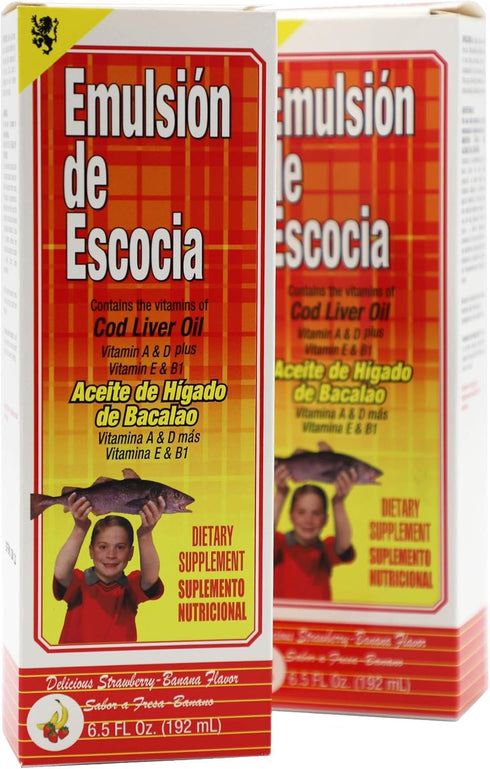 EMULSION DE ESCOCIA Cod Liver Oil Liquid, Strawberry-Banana Flavor, Fish Oil Liquid with Vitamins A, D, E & B1 for Kids & Adults, Immune & Bone He...