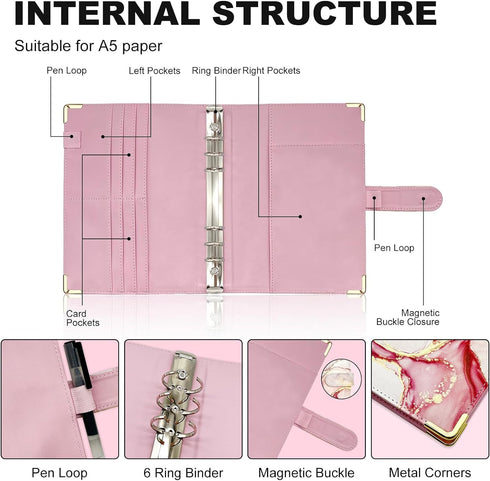 A5 Refillable 6 Ring Faux Leather Budget Binder,Mini Notebook Binder Cover for A5 Filler Paper,Loose Leaf Personal Planner Binder Cover with Magne...