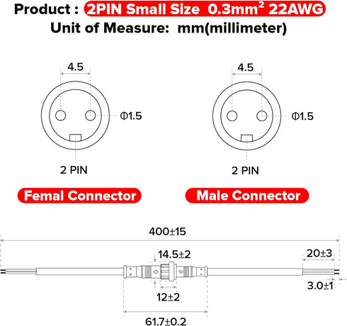 BTF-LIGHTING 2 Pin Electrical Connector 22AWG IP65 Male Female Connector 7.87in/20cm Extension Cable for Car,Truck,Boat,Indoor/Outdoor LED Strip L...