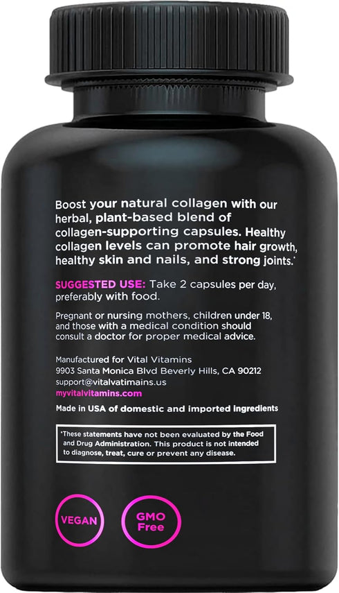 Vital Vitamins Vegan Collagen Booster - Plant Collagen Supplements - Supports Hair, Skin, Nails & Joints - with Hyaluronic Acid - 60 Capsules...