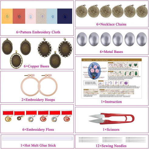 ZuoAnLF 6 Pieces Embroidery Pendant Kit for Beginner,Embroidery Stitching Necklace,Embroidery Kit for Necklace & Earrings & Hand Sewing Jewelry & ...