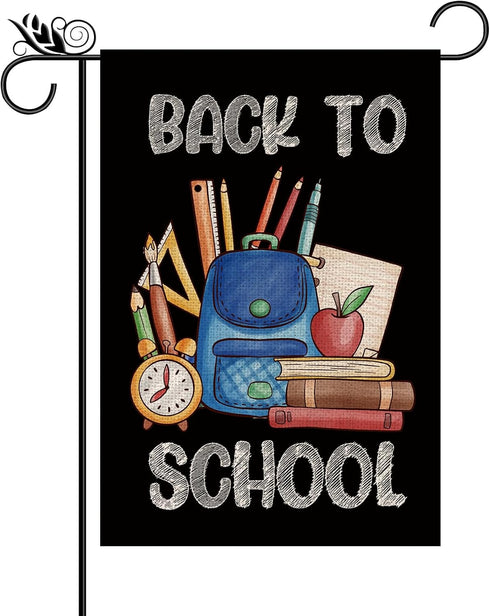 Back to School Garden Flag Pencil Book Alarm Clock Schoolbag Burlap Black Flag Double Sided First Day to School Outside Yard Lawn Decorations 12.5...