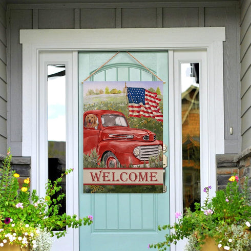 Welcome Summer American Red Truck 4th of July Decorative House Flag, Garden Yard Lawn Patriotic America Dog Outside Decor, USA Spring Home Outdoor...