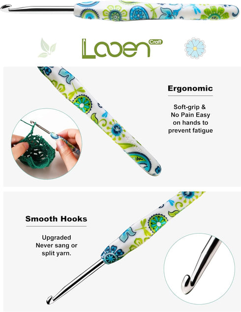 5.5mm Looen Crochet Hook, Ergonomic Handle for Arthritic Hands, Soft Rubber Grip Extra Long? Knitting Needles for Crochet Beginners, Knitting Enth...