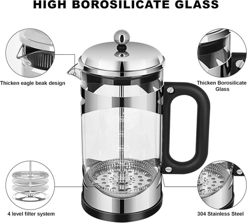 34 Ounce French Press Coffee Maker Chromium Stainless Steel Coffee Press, with 4-Level Filter System, Heat Resistant Thickness Borosilicate Glass,...