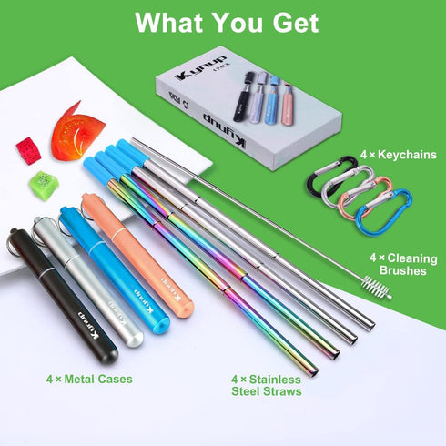 Kynup Reusable Straws, 4Pack Collapsible Portable Metal Straw Reusable Foldable Stainless Steel Drinking Travel Telescopic Straw with Case, Clean ...