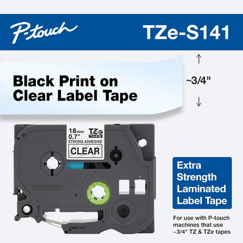 Brother P-touch Genuine TZe-S141, ~3/4" (0.7") Black on Clear Extra Strength Adhesive Laminated Tape –26.2 ft(8m) (TZES141)...