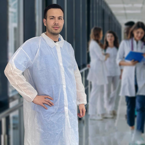 AMZ Disposable Lab Coat 2XL. 35 GSM PP White Disposable Lab Coats for Adults. 5 Pack Knee-length Lab Coat with Long Sleeves, Elastic Wrists, Loop ...