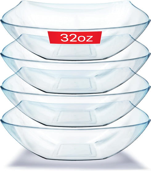 32oz Clear Plastic Serving Bowls (4 Pack) Medium Candy Dishes, Square Plastic Buffet Containers for Chips, Snacks, Mints, Salad Bar, Snack Bowl Pa...