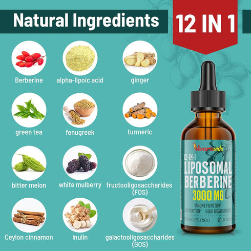 Berberine HCl Drops Supplement 3000 mg - Liposomal Berberine HCl Liquid - AMPK Activator with Turmeric, Ceylon Cinnamon, 12 Natural Ingredients - ...