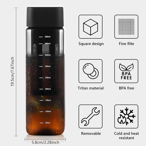 Bincoo 480ml Portable Cold Brew Cup with Removable Filter&Clean Brush, Tritan Plastic Iced Coffee Maker, Rectangle Small Iced Coffee Cups with Sca...