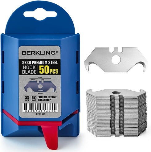 Utility Hook Razor Blades 50-Pack With Dispenser, SK2H Laser Sharpened Hardened, Ultra 3X Sharper and 5X Durable, Heavy Duty Replacement Blades fo...