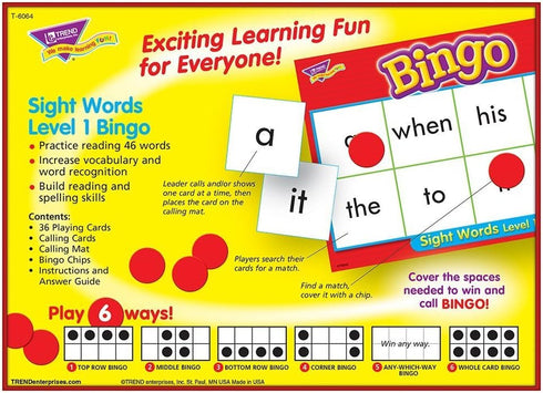 TREND ENTERPRISES: Sight Words Level 1 Bingo Game, Exciting Way for Everyone to Learn, Play 6 Different Ways, Great for Classrooms and at Home, 3 ...