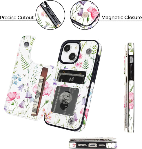 uCOLOR Flip Leather Wallet Case Card Holder Compatible with iPhone 13 6.1 iPhone 14 6.1 Women and Girls with Card Holder Kickstand (Pink Flowers)....