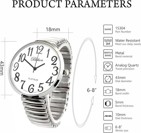 Blekon Collections Silver Super Large White Face Case Size 43mm EXTRA LARGE Stretch Band Japanese Movement PC21J Fashion Watch...