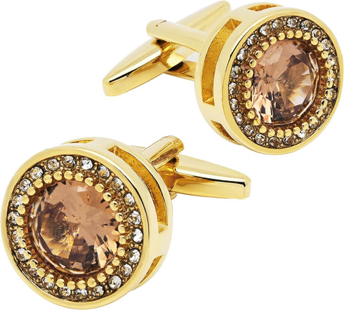 Round Brown Crystal Golden Cufflinks for Men Lady In Gift Case Zircon Gemstone Men's Cufflinks Jewelry Set for Wedding Anniversary Business Party ...