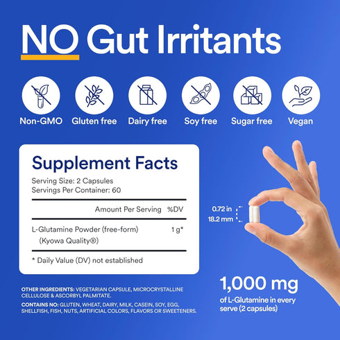 Essential Stacks Gut L-Glutamine Capsules 1000mg (Made in USA) - Gluten, Dairy & Soy Free, Non-GMO L Glutamine for Gut Health - 60 Serves (120 Cap...