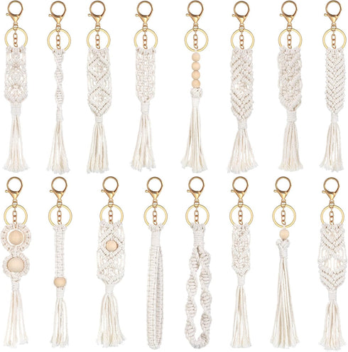 Junkin 16 Pack Mini Macrame Keychains Cute Boho Macrame Bag Charms Handcrafted Aesthetic Boho Car Accessories Boho Keychain for Women Tassel Keych...