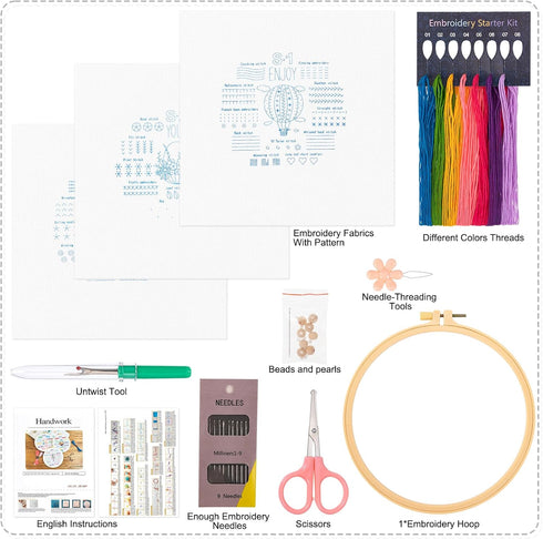 JSRQT 3 Sets Embroidery Kit for Adults Beginners,Needlepoint Craft Kits for Adults,Hand Embroidery Practice Kit for Adults,Learn 33 Different Stit...