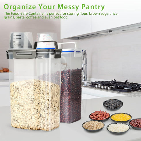 Rice Airtight Storage Container, 3 to 5Lbs Cereal Dry Food Flour Bin, Pet Dog Cat Food Dispenser with Measuring Cup, BPA Free Clear Plastic Kitche...