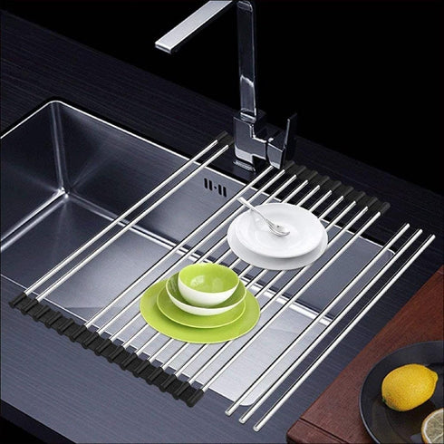 Roll up Dish Drying Rack Over The Sink Portable Stainless Still Rolling Rack Folding Mat for Kitchen Counter (Black, 17.7''LX11.2''W)...